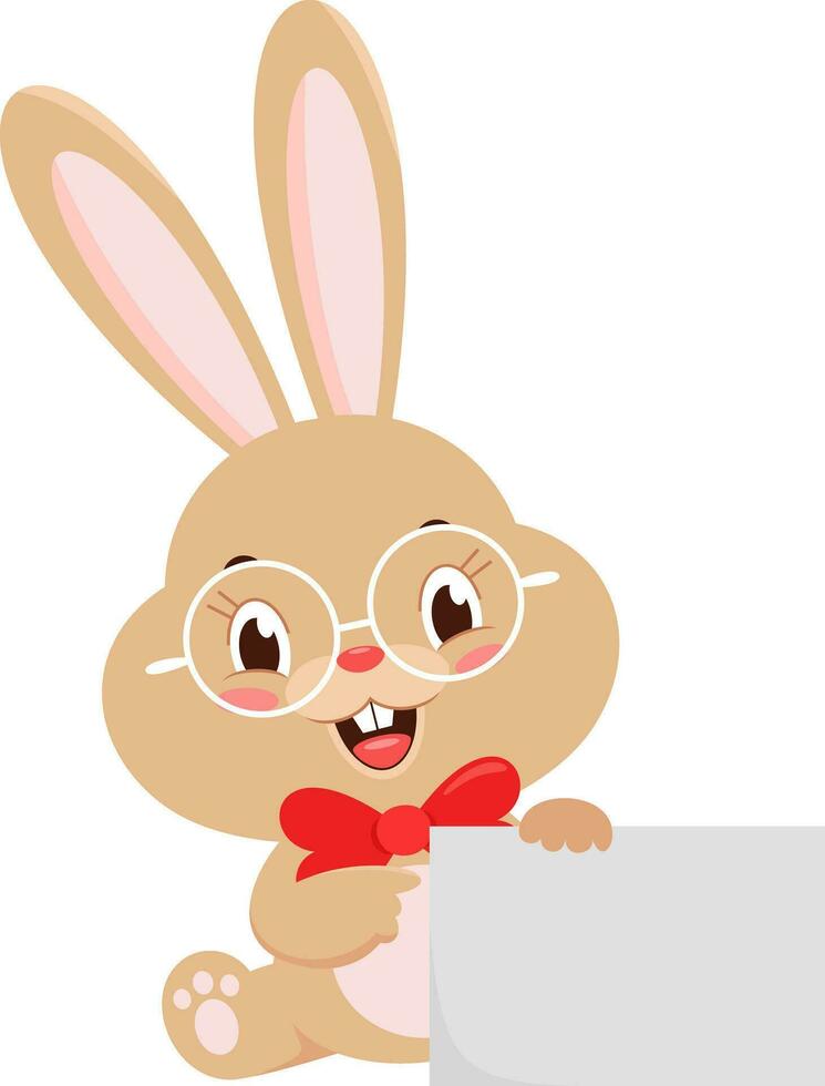 Cute Bunny Rabbit Cartoon Character Pointing To A Blank Sign. Vector Illustration Flat Design