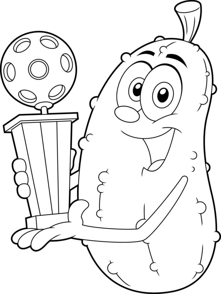 resumido contento pepinillo dibujos animados personaje participación un pickleball trofeo. vector mano dibujado ilustración
