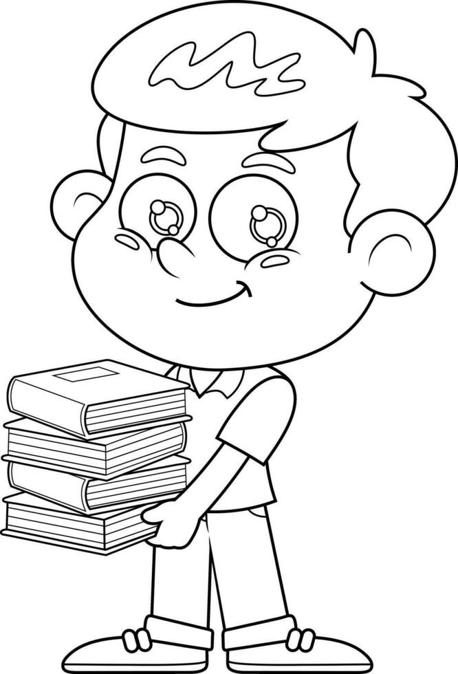 Outlined Cute School Boy Cartoon Character Holding Stack Of Textbooks. Vector Hand Drawn Illustration