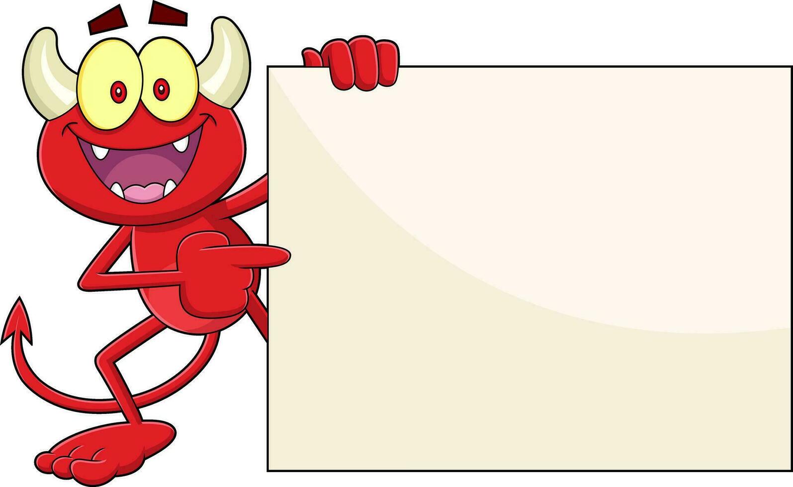 Happy Little Red Devil Cartoon Character Pointing To Blank Sign. Vector Hand Drawn Illustration