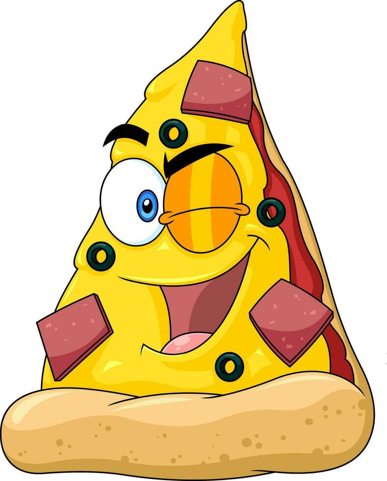 Winking Pizza Slice Cartoon Character. Vector Hand Drawn Illustration