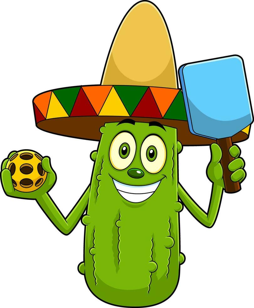 Mexican Pickle Cartoon Character Holding A Pickleball Ball And Paddle Racket. Vector Hand Drawn Illustration