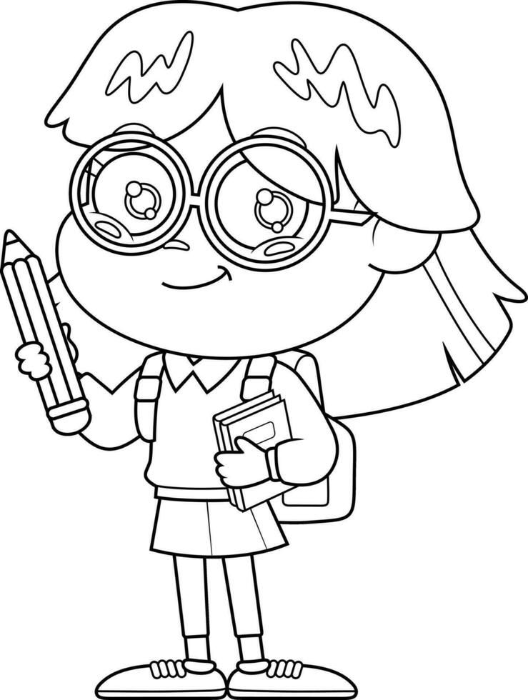 Outlined School Girl Cartoon Character With Backpack And Textbook Holding A Pencil. Vector Hand Drawn Illustration