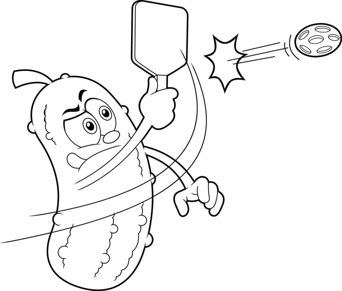 Outlined Funny Pickle Cartoon Character Hits A Pickleball Shot. Vector Hand Drawn Illustration