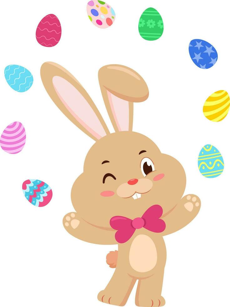 Cute Bunny Rabbit Cartoon Character Juggling With Easter Eggs. Vector Illustration Flat Design