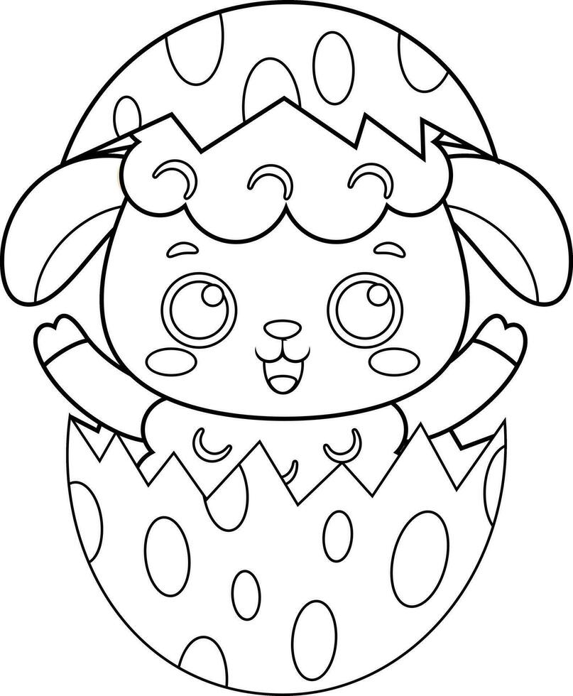 Outlined Surprise Cute Little Sheep Cartoon Character Out Of An Egg Shell. Vector Hand Drawn Illustration