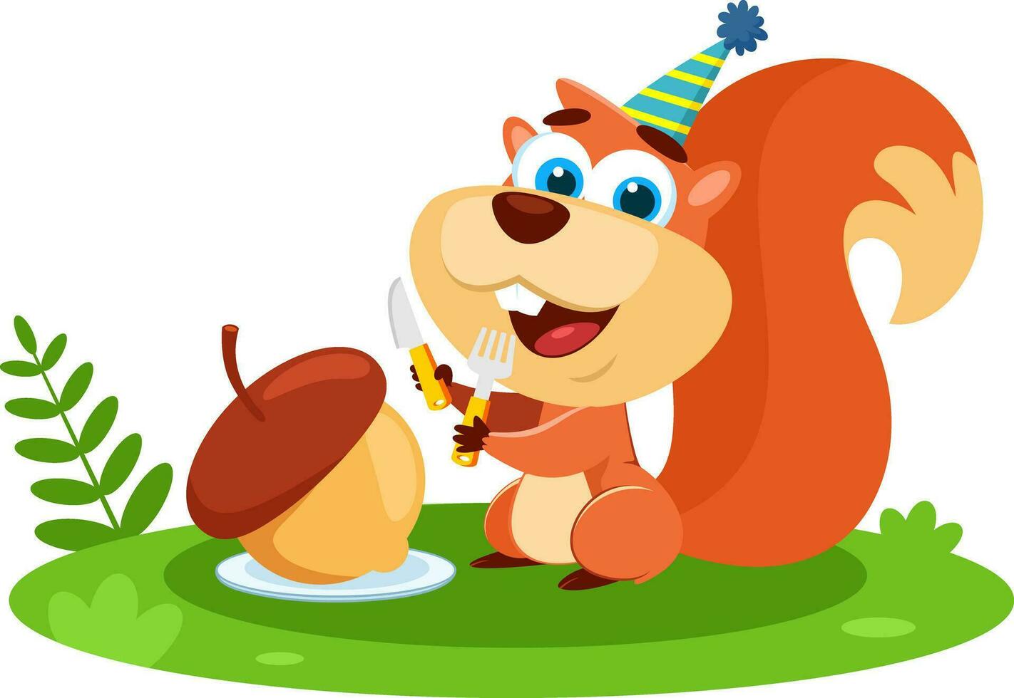 Cute Squirrel Cartoon Character Is Looking At A Birthday Acorn With A Fork And Knife. Vector Illustration