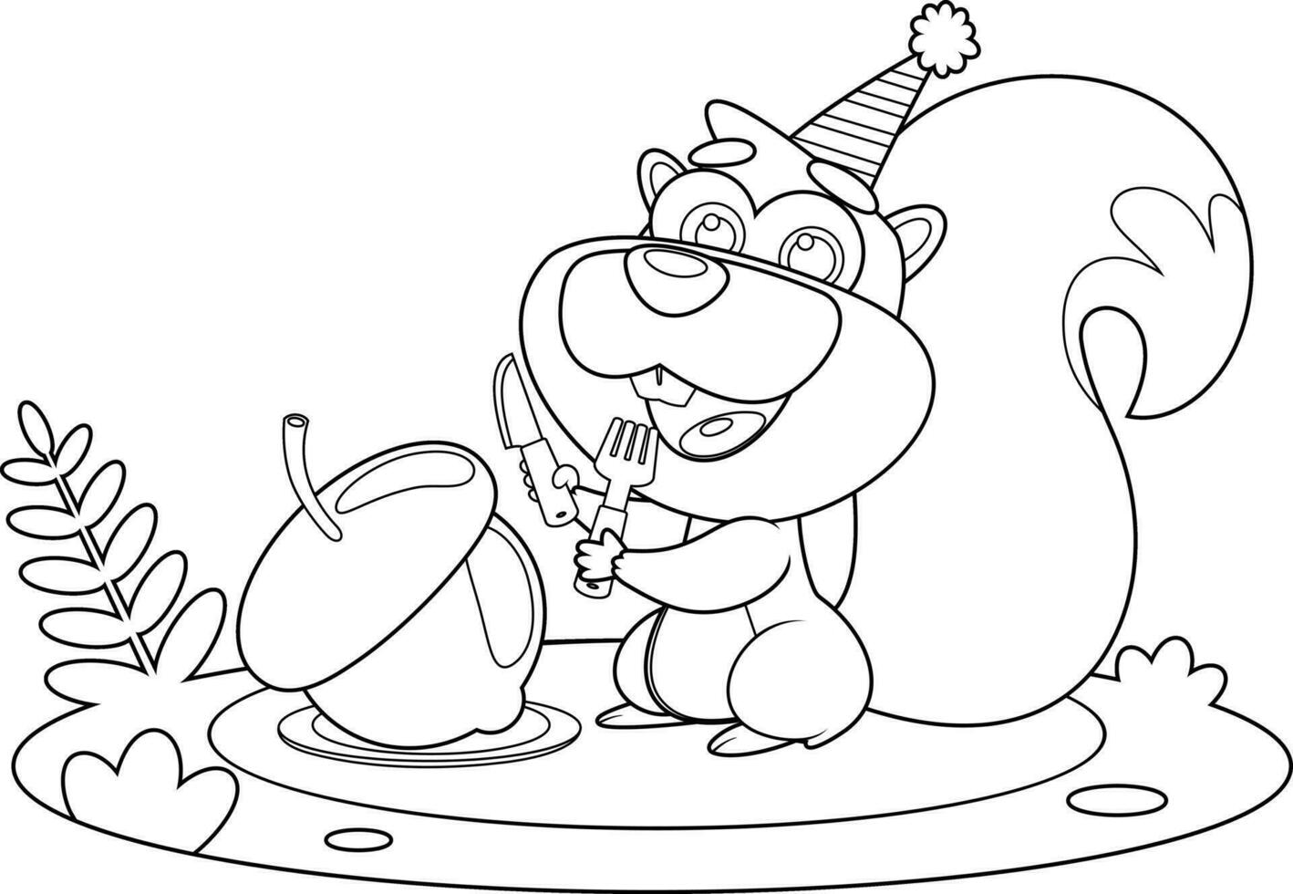 Outlined Cute Squirrel Cartoon Character Is Looking At A Birthday Acorn With A Fork And Knife vector