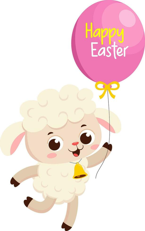 Cute Little Sheep Cartoon Character Holding Balloon With Text Happy Easter. Vector Illustration Flat Design