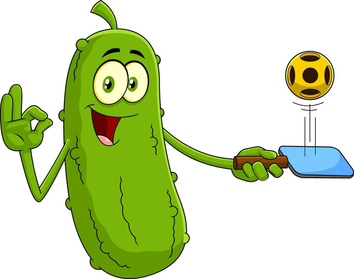 Funny Pickle Cartoon Character Present Pickleball. Vector Hand Drawn Illustration