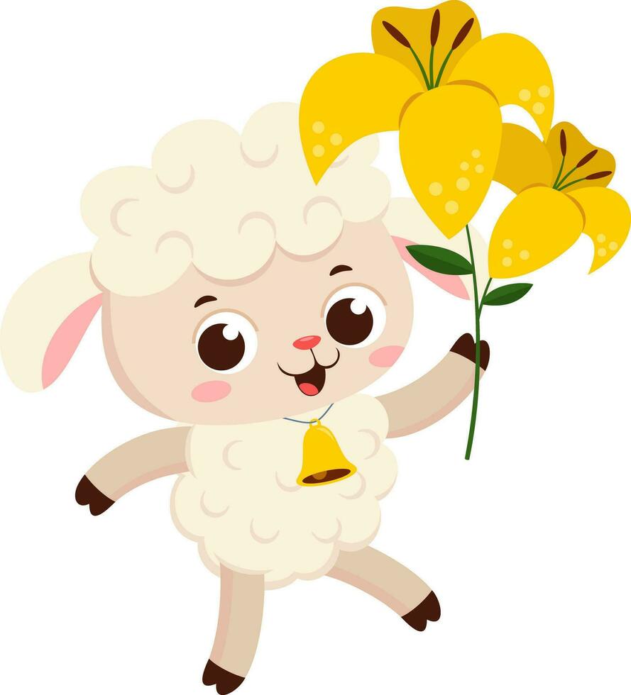 Cute Little Sheep Cartoon Character Walking And Holding A Flower. Vector Illustration Flat Design