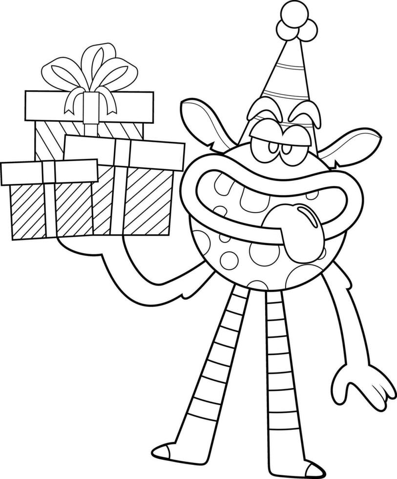 Outlined Funny Monster Cartoon Character With A Party Hat Holding Gift Boxes. Vector Hand Drawn Illustration