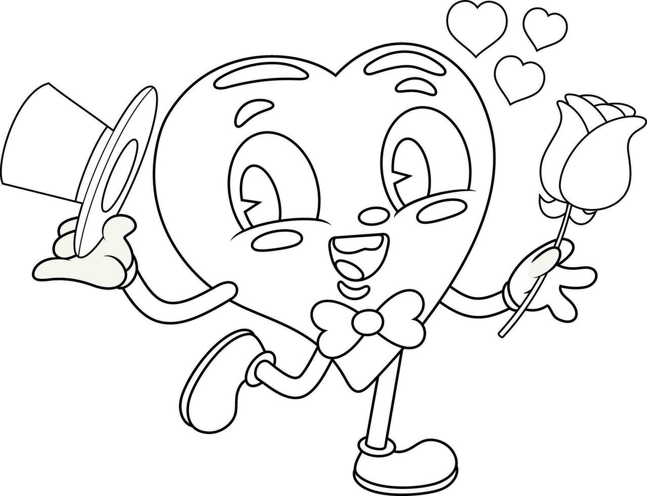 Outlined Cute Heart Retro Cartoon Character Holding A Rose. Vector Hand Drawn Illustration