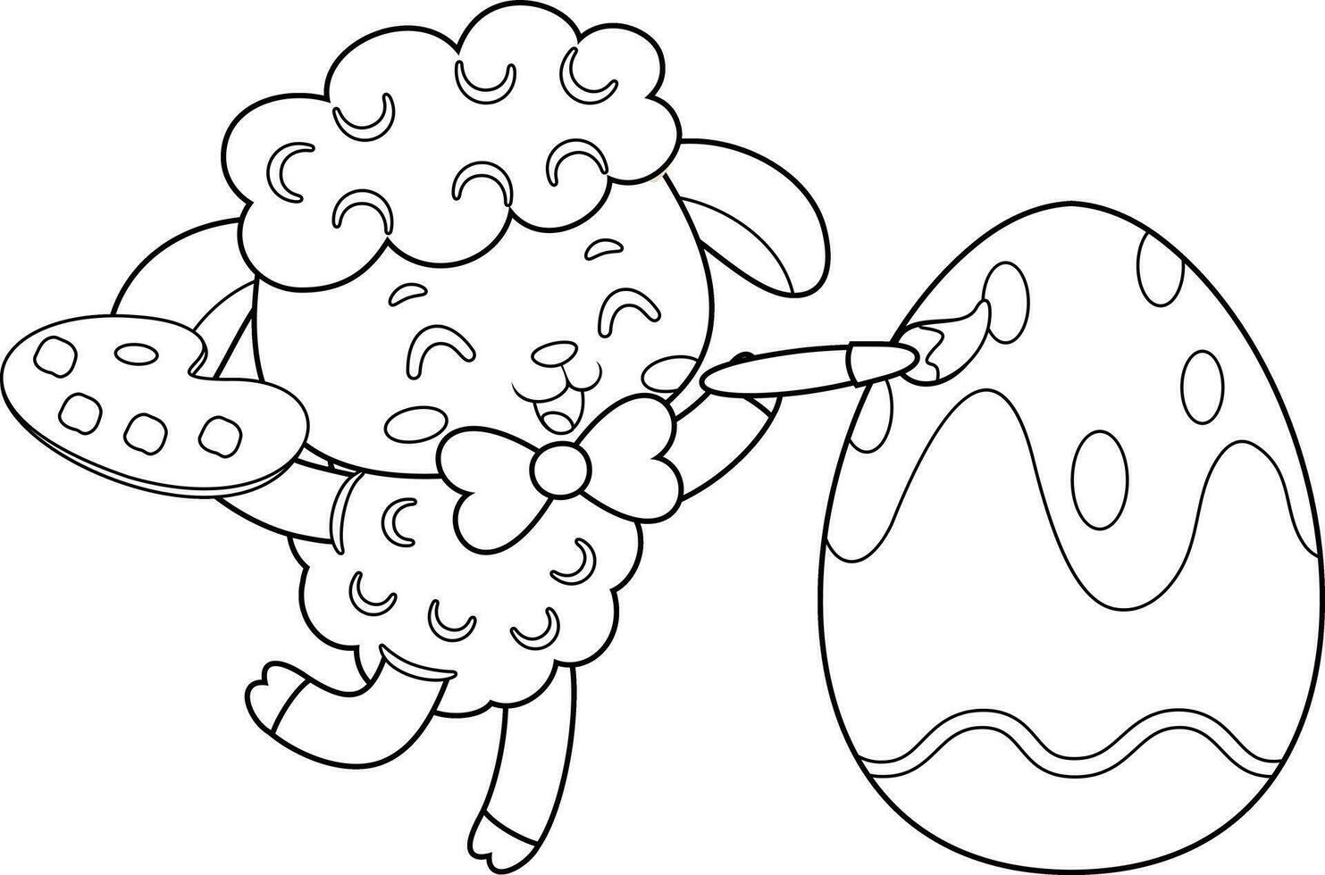 Outlined Cute Little Sheep Cartoon Character Painting Colorful Easter Egg. Vector Hand Drawn Illustration