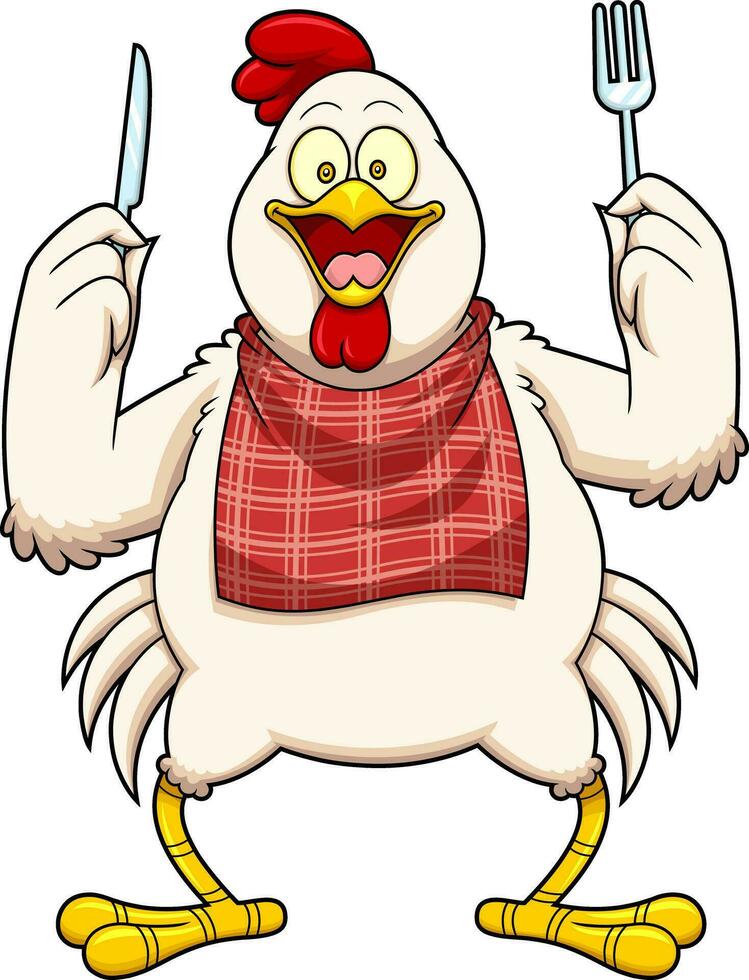 Hungry Chicken Rooster Cartoon Character With Knife And Fork. Vector Hand Drawn Illustration