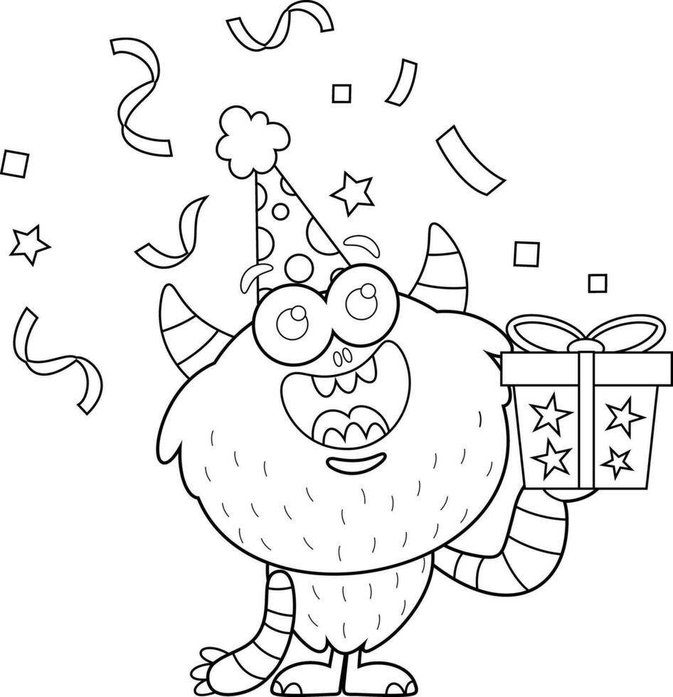 Outlined Birthday Monster Cartoon Character With Gift Box. Vector Hand Drawn Illustration