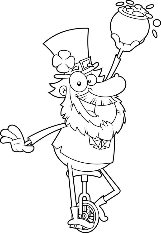 Outlined Lucky Leprechaun Cartoon Character On Unicycle With A Pot Of Gold. Vector Hand Drawn Illustration