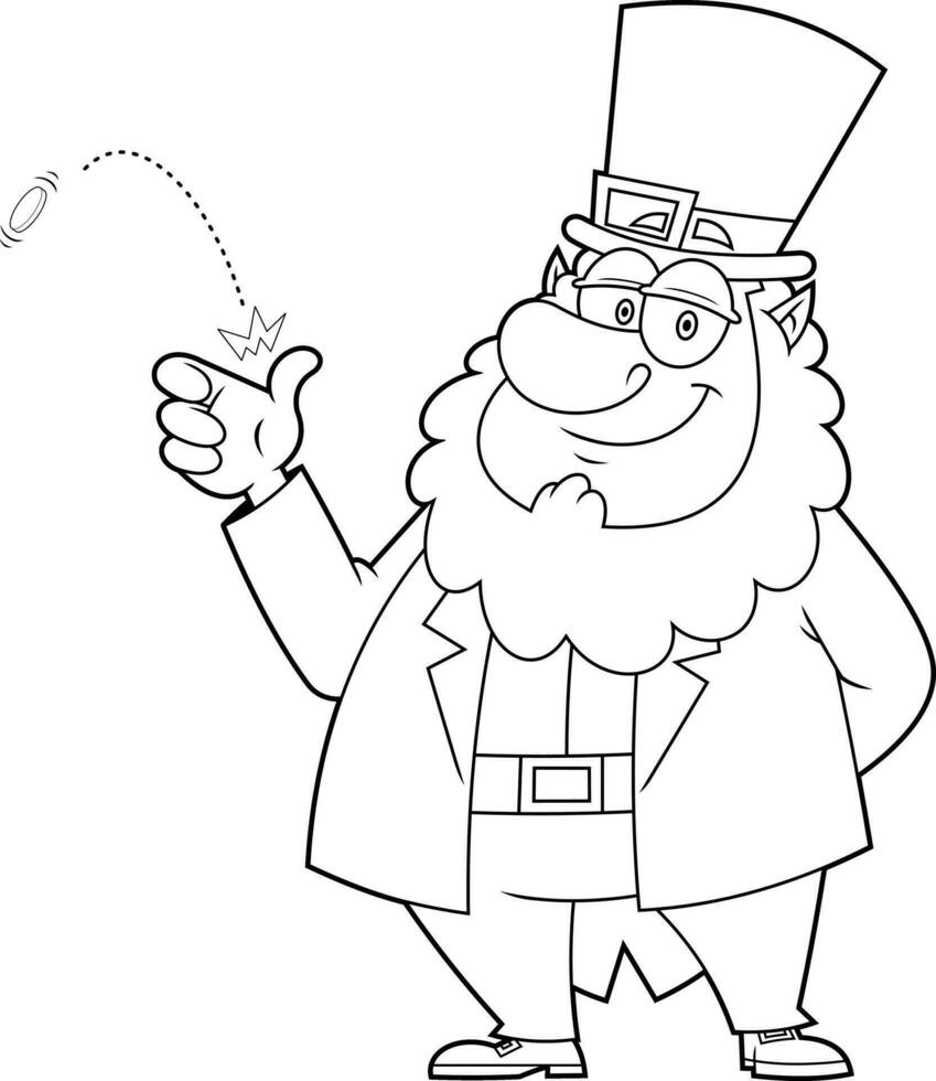 Outlined Smiling Leprechaun Cartoon Character Tossing A Gold Coin. Vector Hand Drawn Illustration