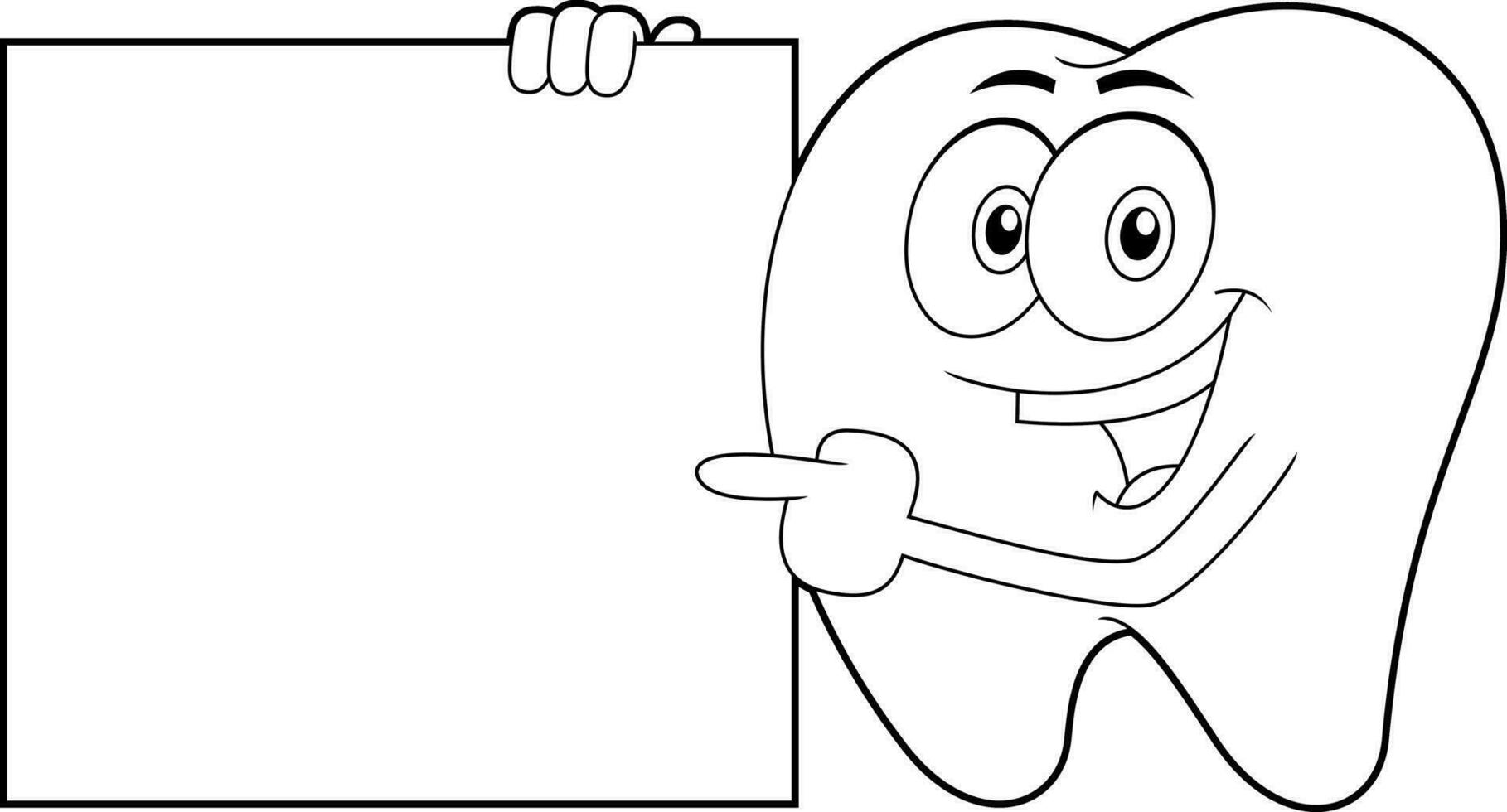 Outlined Happy Tooth Cartoon Character Pointing To Blank Sign. Vector Hand Drawn Illustration