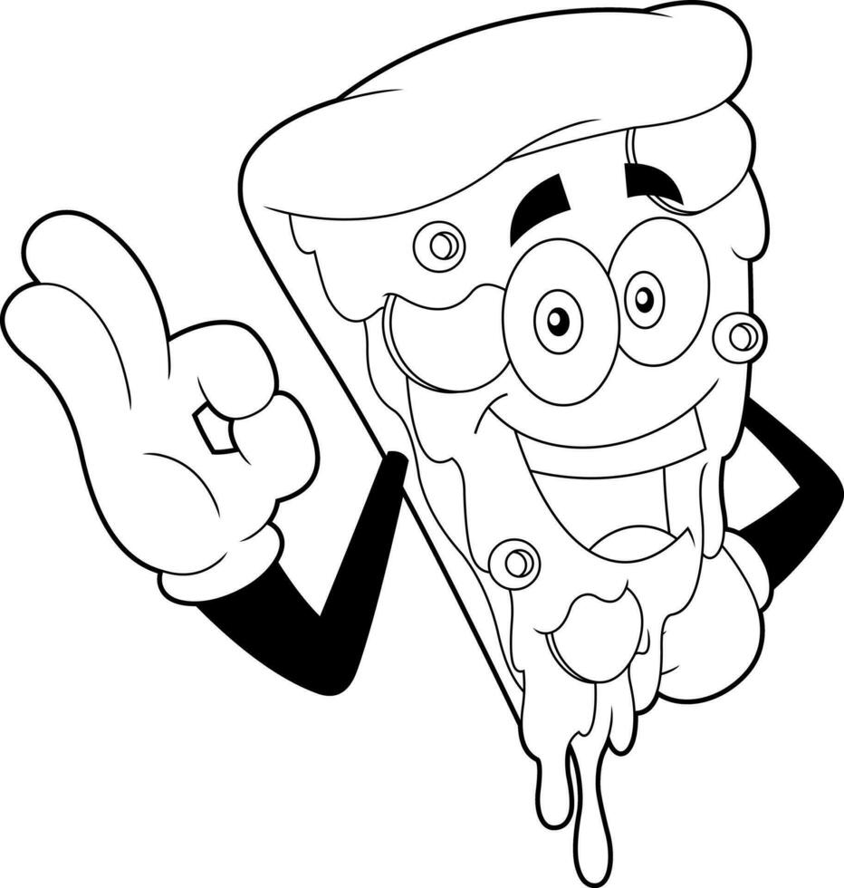 Outlined Happy Pizza Slice Cartoon Character. Vector Hand Drawn Illustration