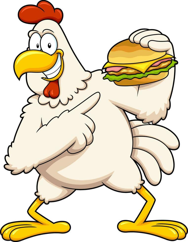 linda pollo gallo dibujos animados personaje presente mejor hamburguesa con queso. vector mano dibujado ilustración