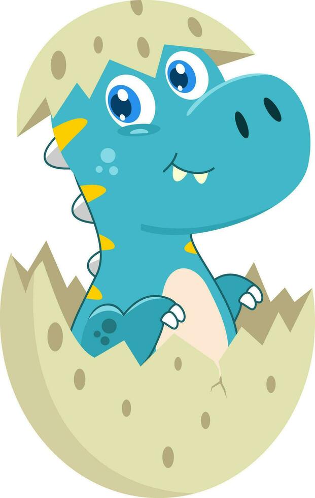 Cute Baby Tyrannosaurus Dinosaur Cartoon Character Hatching From Egg. Vector Illustration Flat Design