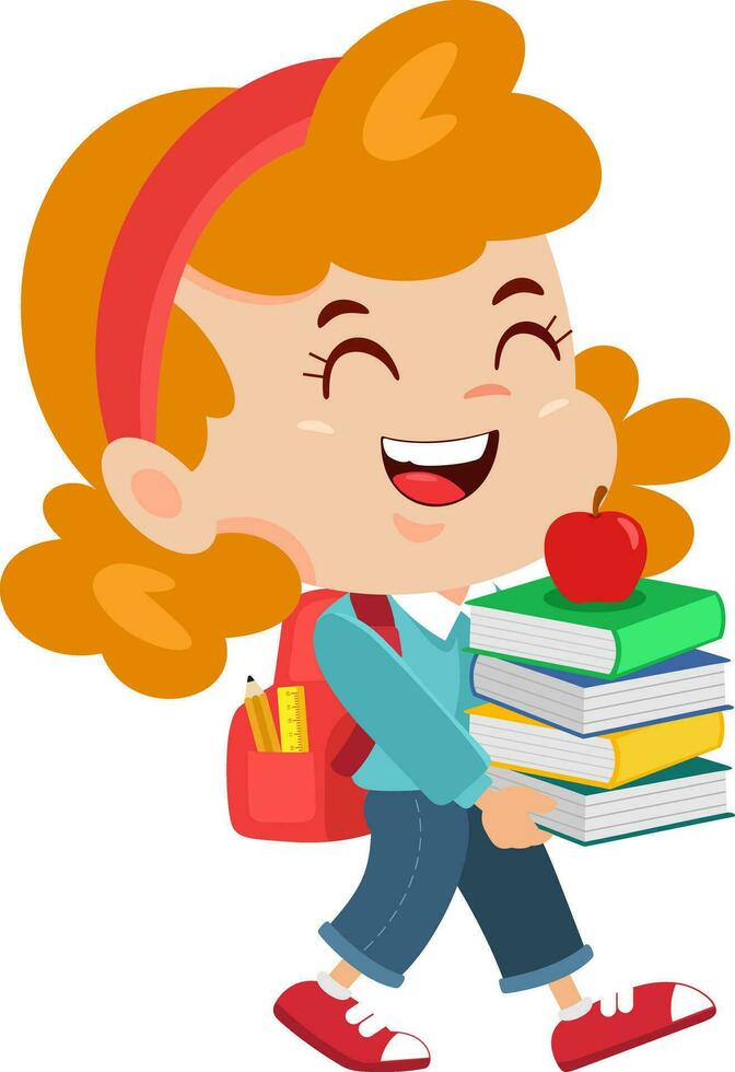 contento colegio niña dibujos animados personaje va a colegio con un mochila y un libros de texto vector