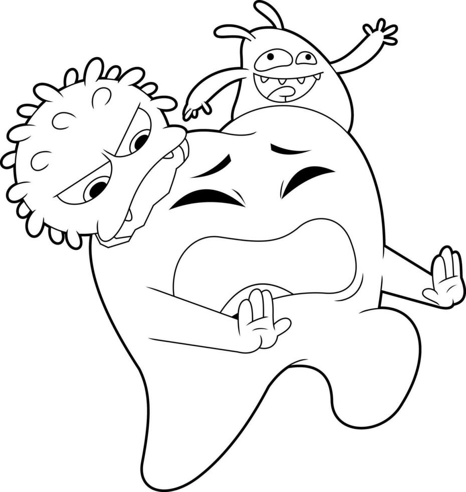 Outlined Tooth Cartoon Character Attacked By Germs. Vector Hand Drawn Illustration