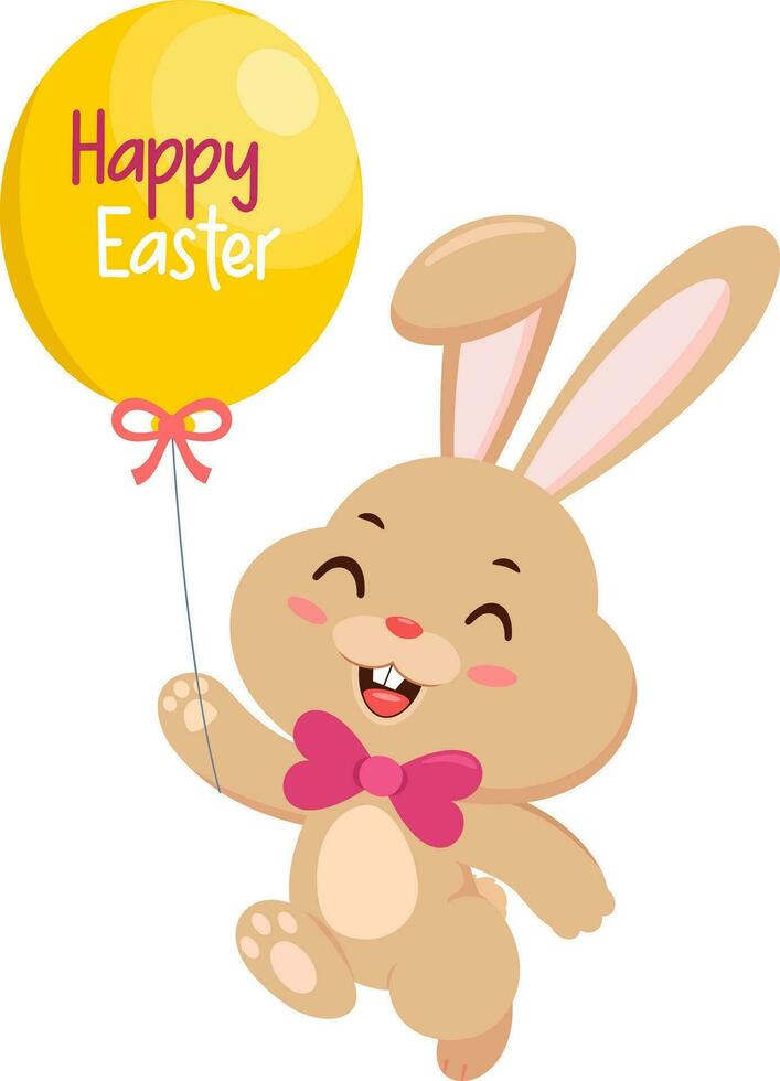 Cute Bunny Rabbit Cartoon Character Running With Balloon And Text Happy Easter. Vector Illustration Flat Design