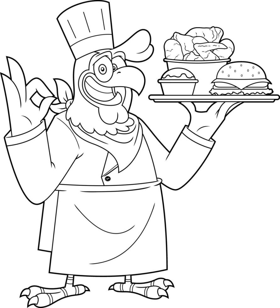 Outlined Chef Chicken Rooster Cartoon Character Present Best Fast Food vector