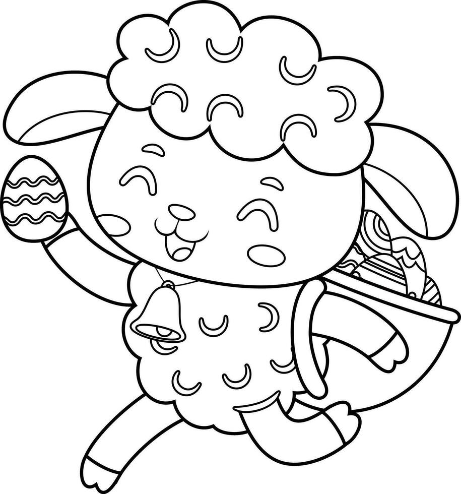 Outlined Cute Little Sheep Cartoon Character Running With A Basket And Egg. Vector Hand Drawn Illustration