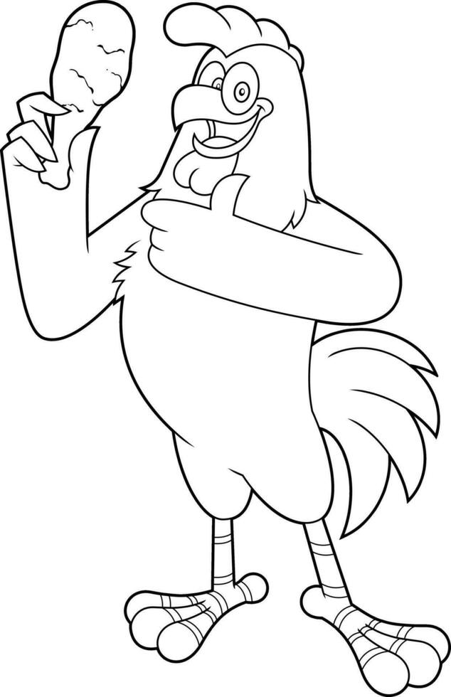 Outlined Cute Chicken Rooster Cartoon Character Holding Fried Leg And Giving The Thumbs Up vector