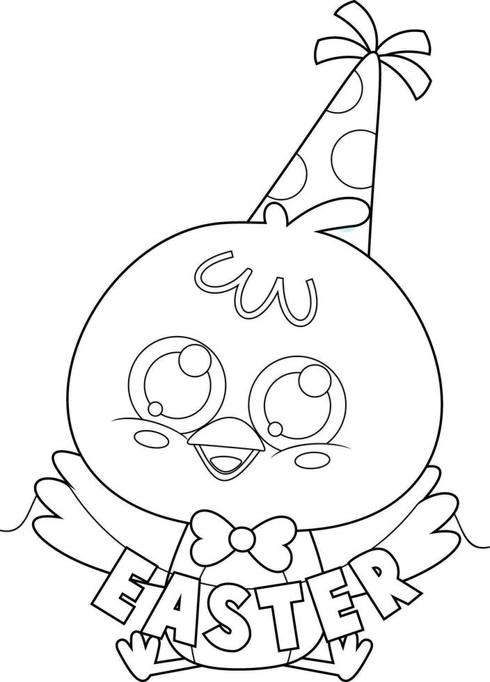 Outlined Cute Chick Cartoon Character With Sign Easter. Vector Hand Drawn Illustration