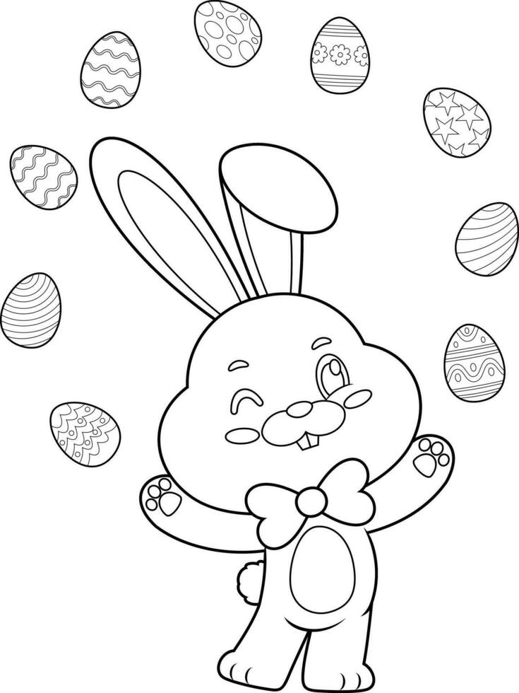 Outlined Cute Bunny Rabbit Cartoon Character Juggling With Easter Eggs vector