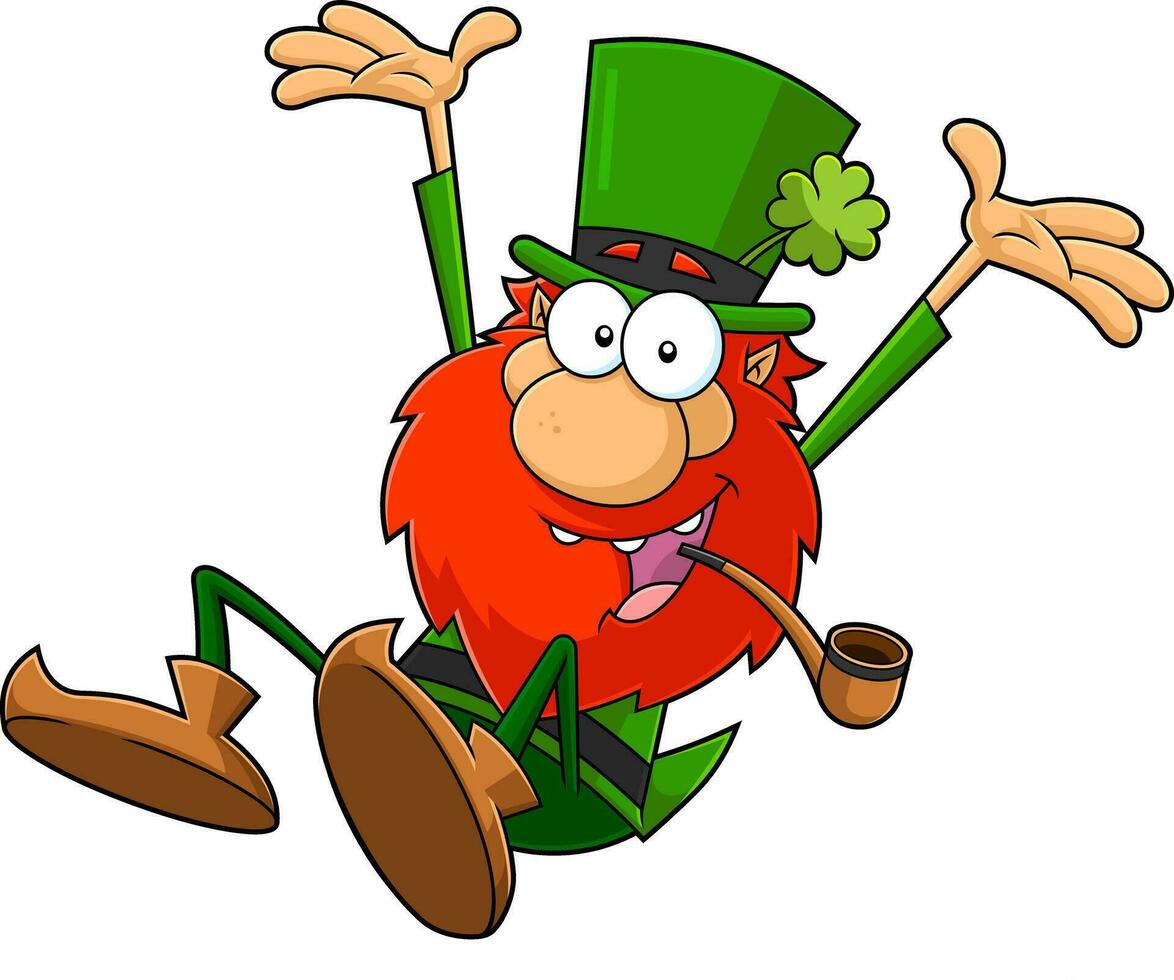 Happy Leprechaun Cartoon Character Jumping. Vector Hand Drawn Illustration