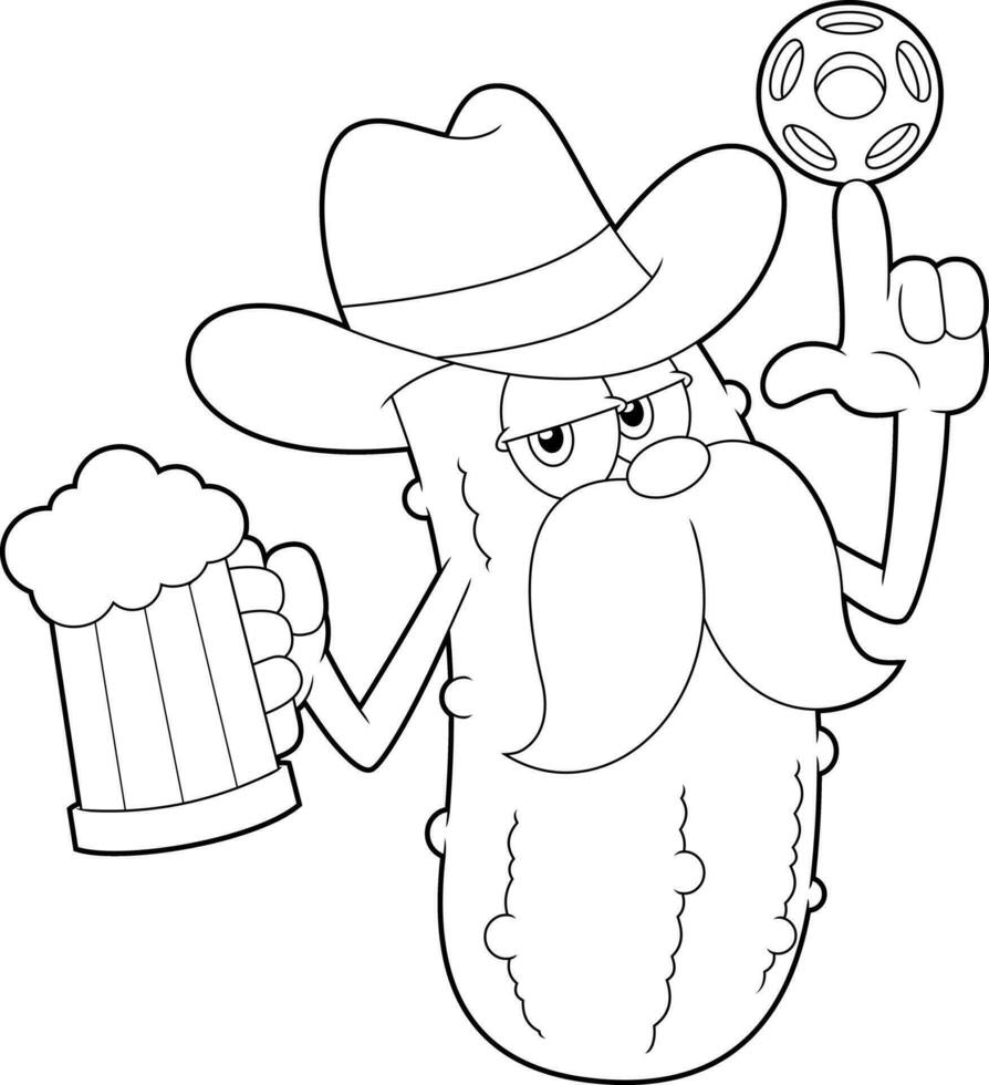 Outlined Cowboy Pickle Cartoon Character Spinning A Pickleball And Holding A Glass Of Beer. Vector Hand Drawn Illustration