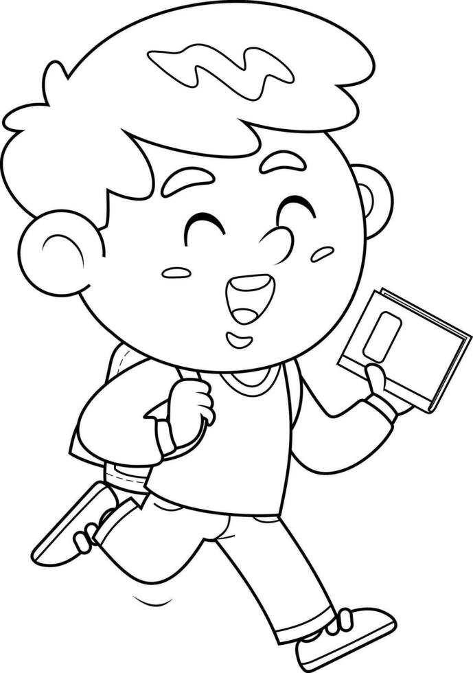 Outlined School Boy Cartoon Character Goes To School With A Backpack And A Textbook vector