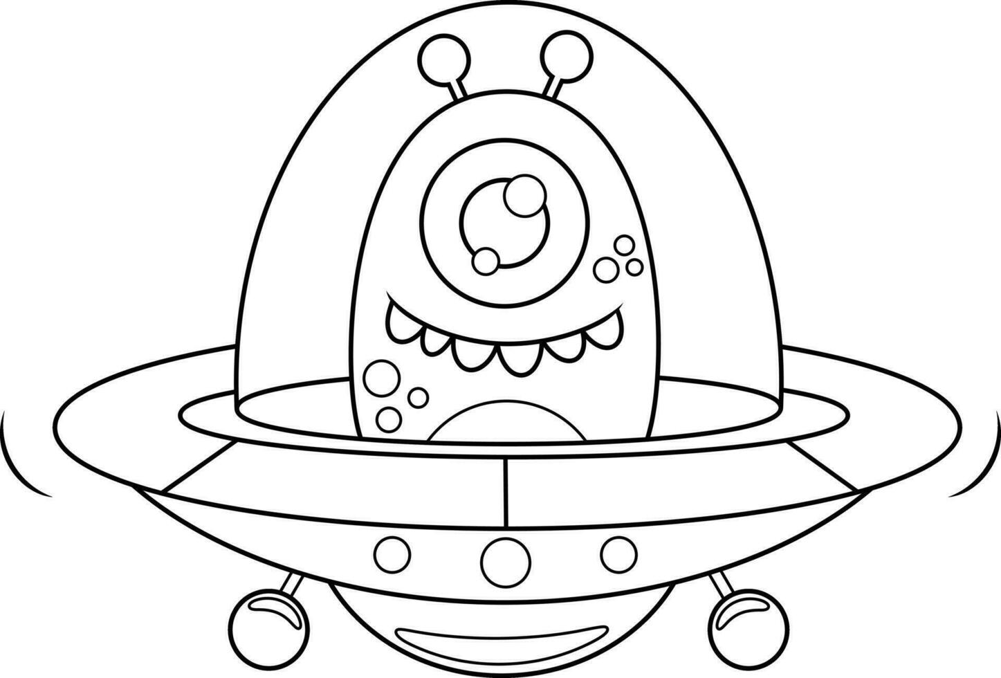 Outlined  Ufo Cute Alien Cartoon Character In A Flying Saucer. Vector Hand Drawn Illustration