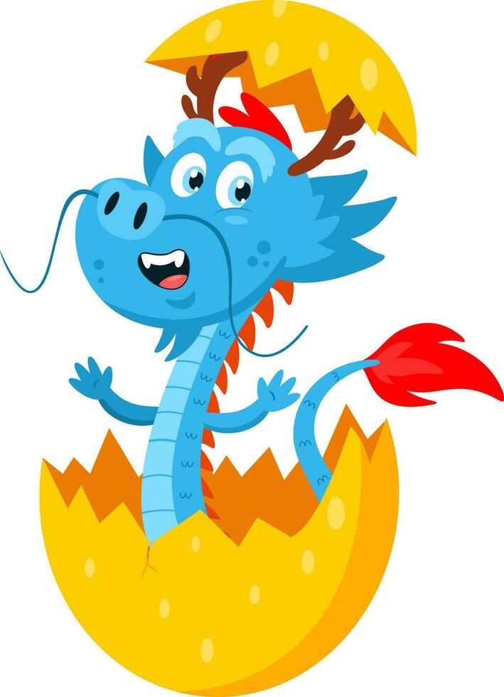 Cute Chinese Dragon Cartoon Character Hatching From Egg. Vector Illustration Flat Design
