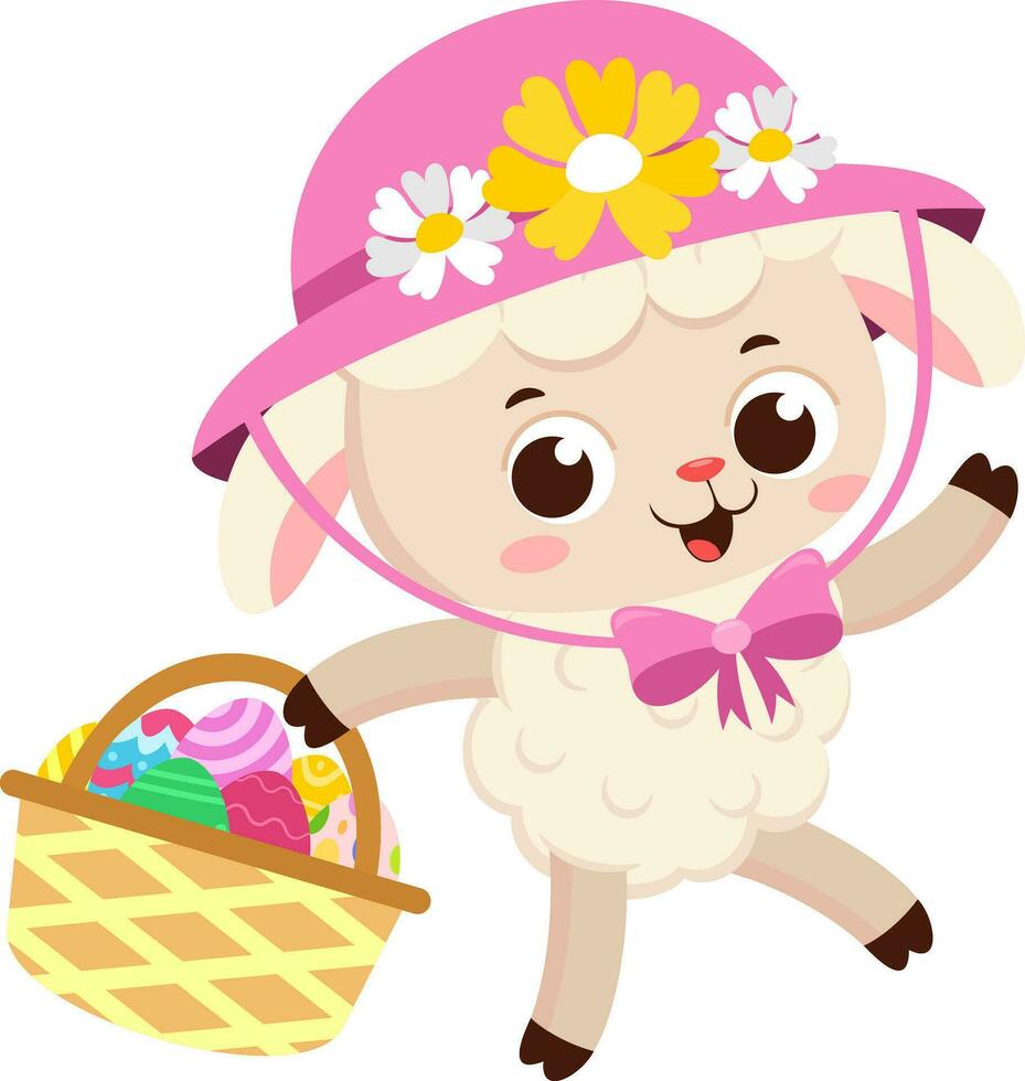 Cute Little Sheep Cartoon Character Running With Easter Eggs Basket. Vector Illustration Flat Design