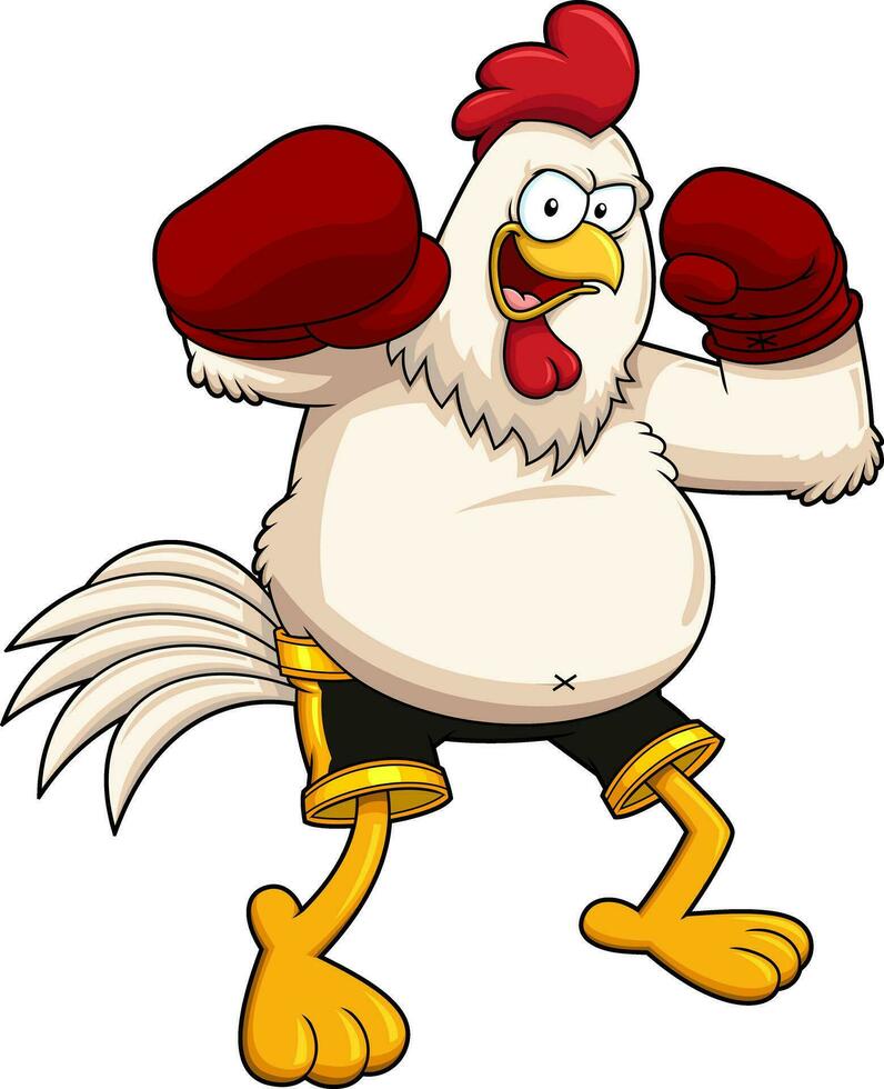 Angry Boxer Chicken Rooster Cartoon Character Wearing Boxing Gloves. Vector Hand Drawn Illustration
