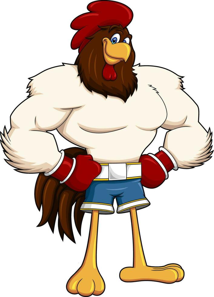 Brave Rooster Cartoon Character Ready To Fight. Vector Hand Drawn Illustration