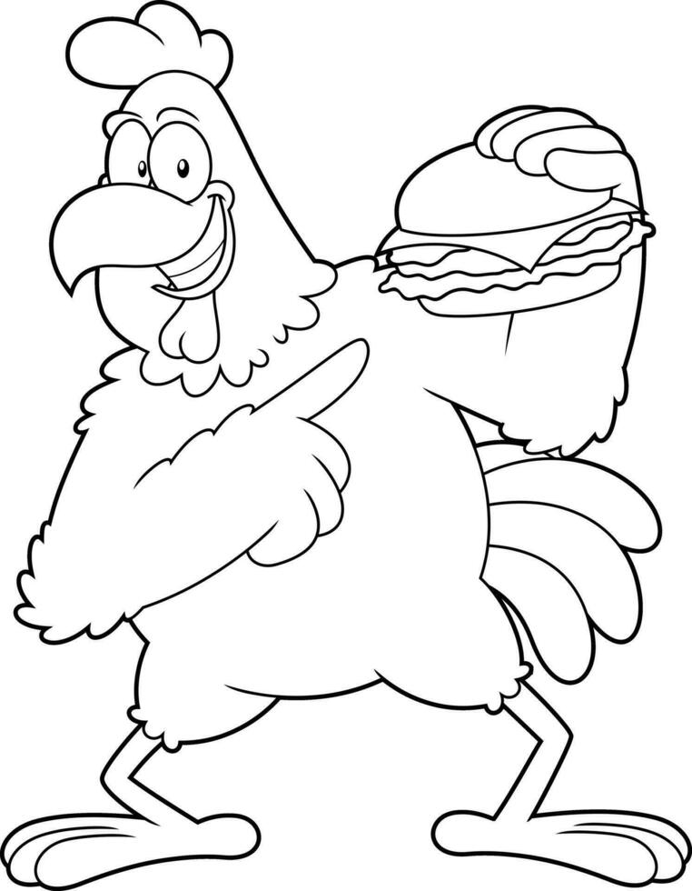 Outlined Cute Chicken Rooster Cartoon Character Present Best Cheeseburger. Vector Hand Drawn Illustration