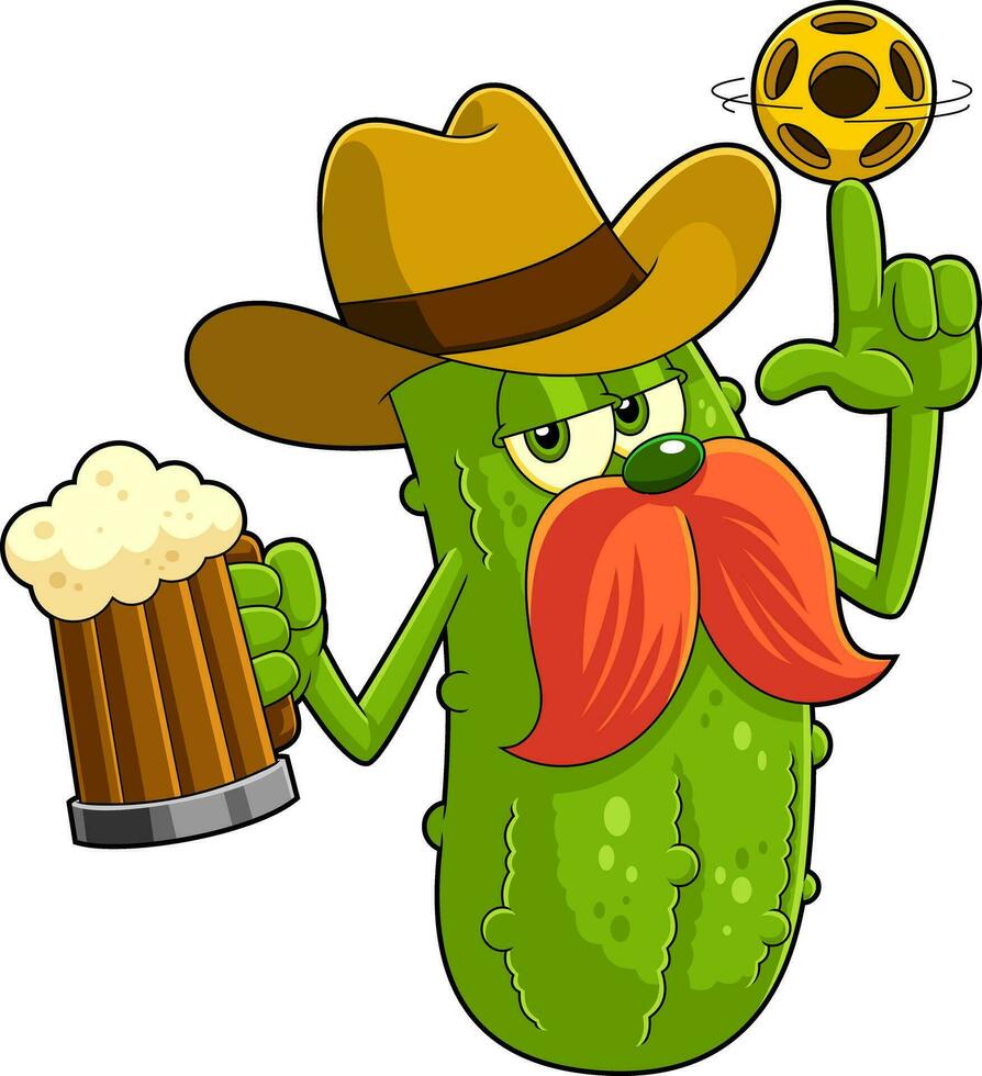 Cowboy Pickle Cartoon Character Spinning A Pickleball And Holding A Glass Of Beer. Vector Hand Drawn Illustration