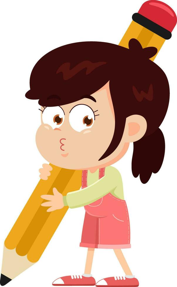 Cute School Girl Cartoon Character Holding A Pencil. Vector Illustration Flat Design