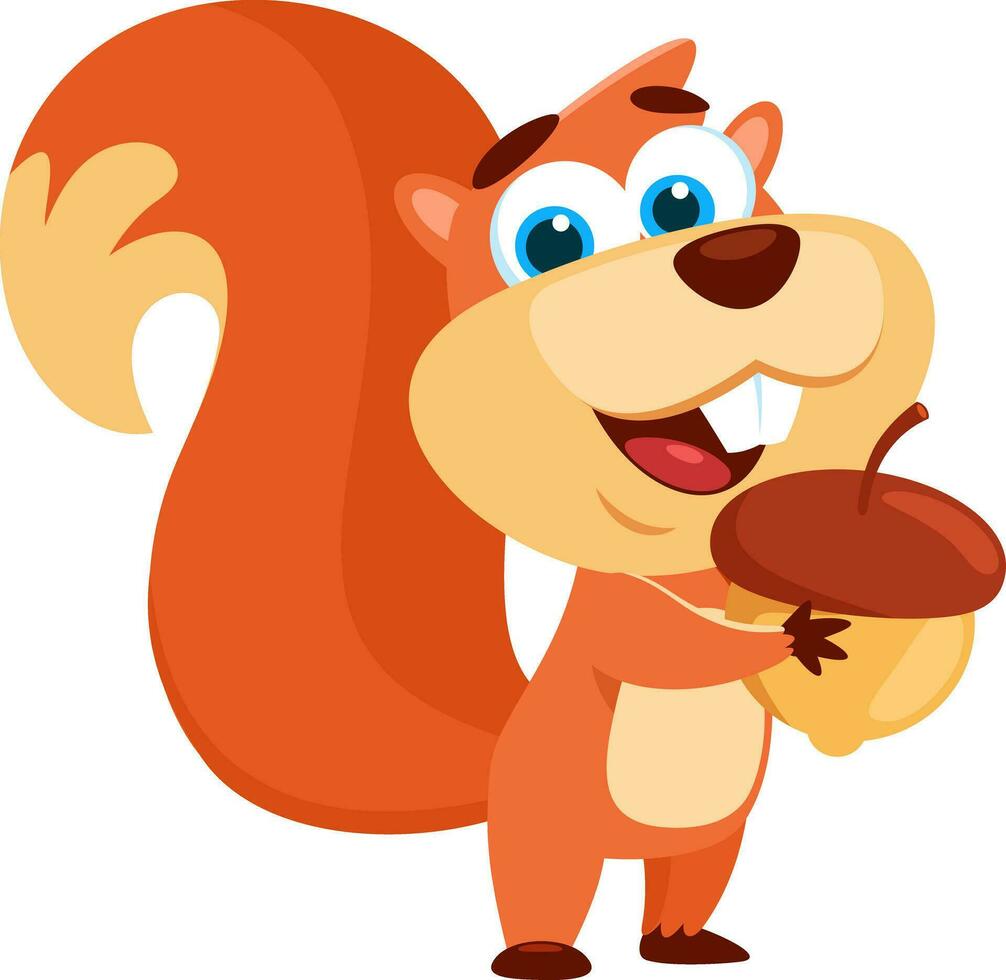 Cute Squirrel Cartoon Character Holding An Acorn. Vector Illustration Flat Design