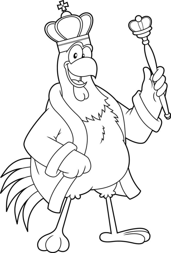 Outlined Chicken Rooster King Cartoon Character With Golden Crown And Scepter vector