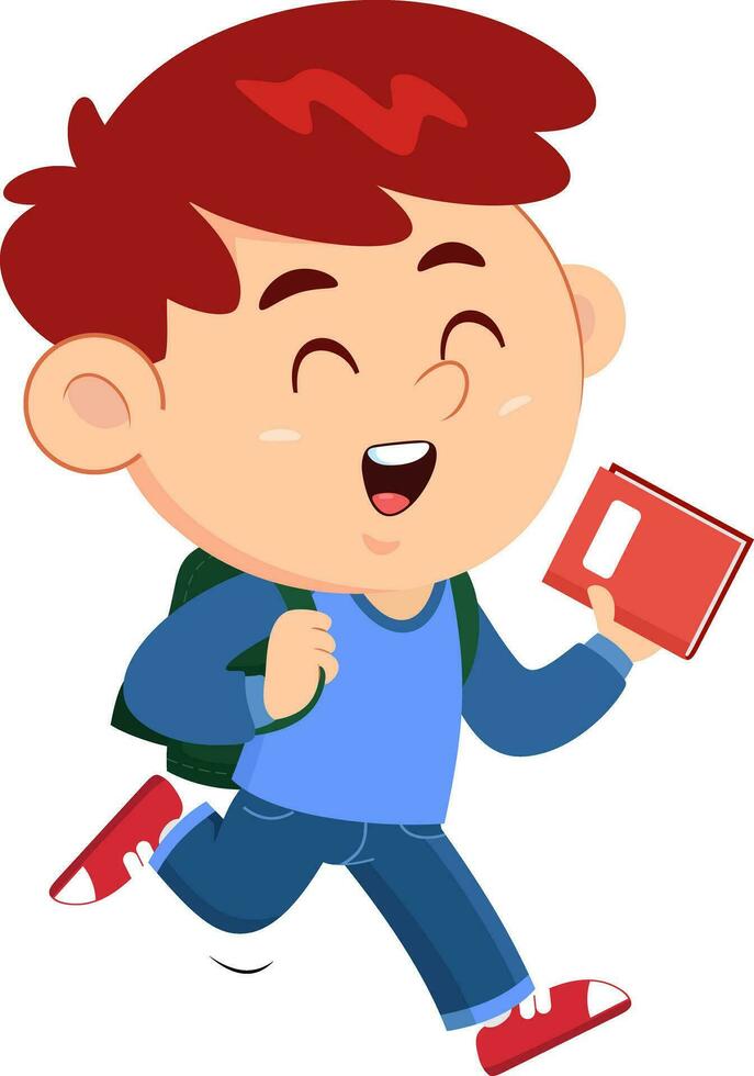 School Boy Cartoon Character Goes To School With A Backpack And A Textbook. Vector Illustration Flat Design