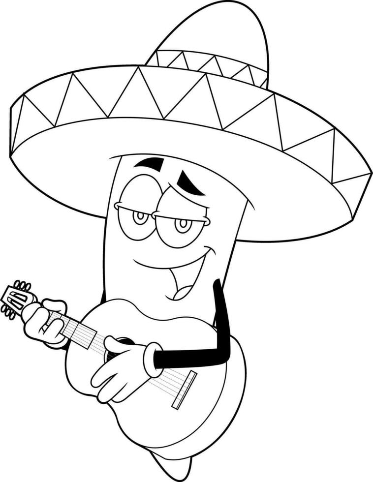 Outlined Mexican Hot Chili Pepper Cartoon Character Singing With A Guitar. Vector Hand Drawn Illustration