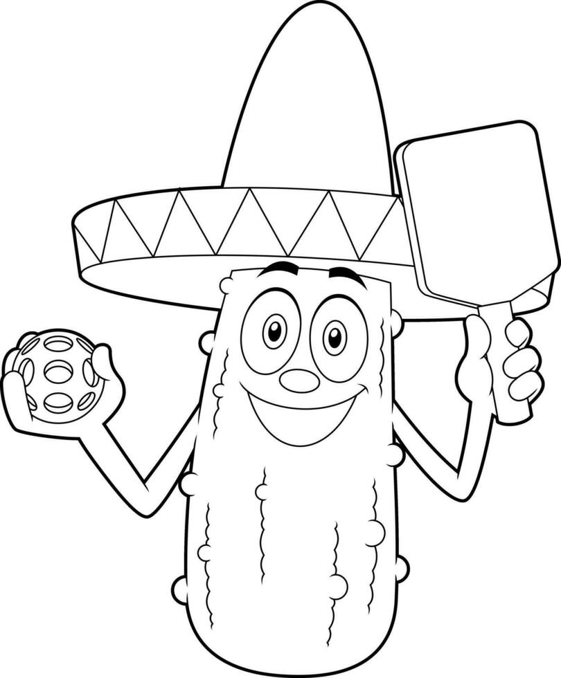 Outlined Mexican Pickle Cartoon Character Holding A Pickleball Ball And Paddle Racket. Vector Hand Drawn Illustration